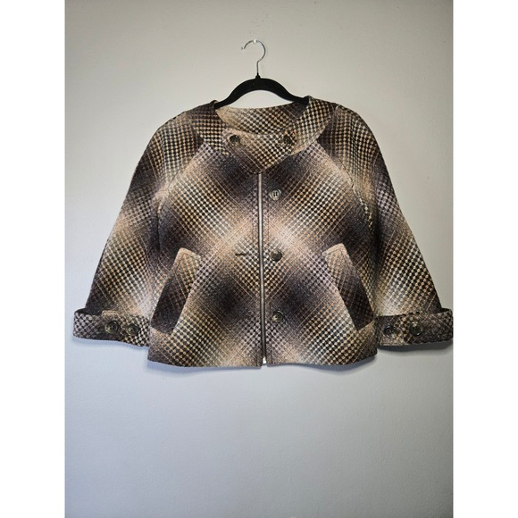 BCBGMaxAzria Jackets & Blazers - BCBGMAXAZRIA Cropped Wool Blend Plaid Jacket Brown Houndstooth Zip Button XS‎